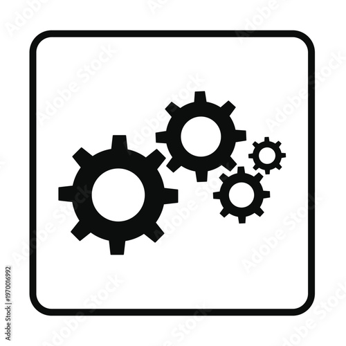 Set of interlocking black gears symbolizing industrial process and mechanical connection within a rounded square frame
