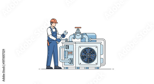 A male technician in a hard hat and blue overalls uses a wrench to work on a large industrial chiller unit with pipes and a fan on a white background.
