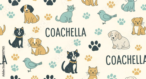 Colorful coachella pets pattern with cartoon animals and paw prints on cream background