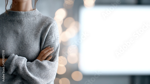 Supply Chain Disruption, Confident woman gray sweater crossing arms with blurred lights background symbolizing supply chain disruption challenges