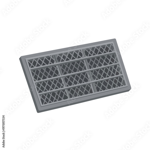 A metallic rectangular grate with a crisscross pattern for drainage