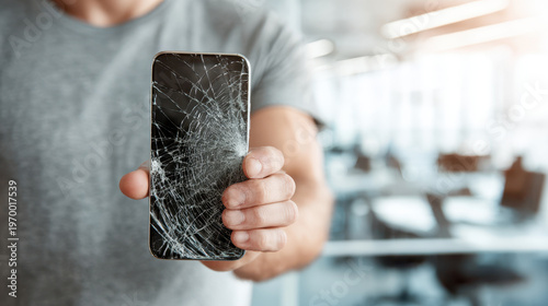 Supply Chain Disruption, Broken screen smartphone hand damage technology disruption supply chain repair close up person indoors communication