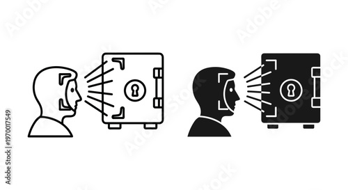 Biometric facial recognition icon set, face scanning technology for bank safe access, secure biometric authentication vector symbols