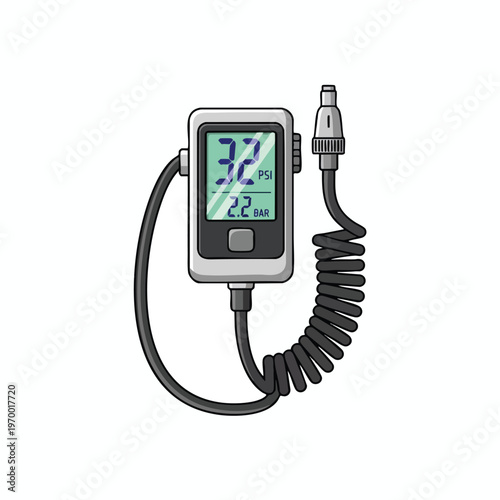Digital tire gauge with coiled hose, displaying 32 PSI and 2.2 BAR readings
