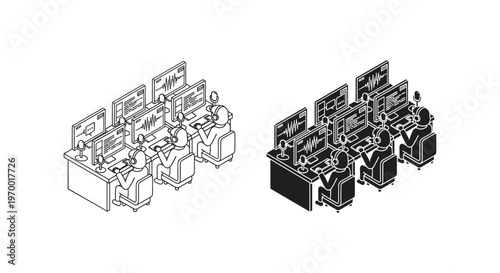 Isometric call center workspace vector set, customer support office with operators and headsets, technical help desk team in line art and solid style