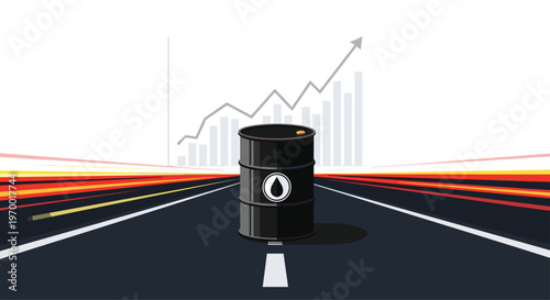 A black oil barrel with a white oil drop symbol stands on a dark grey road with a white line, with a grey bar chart and speed lines in the background.