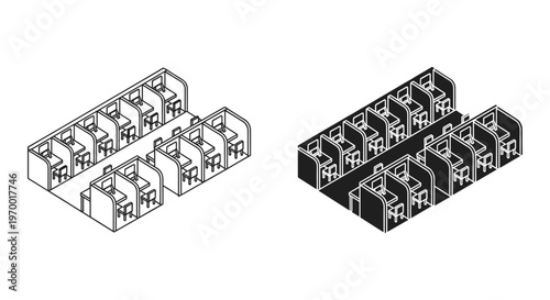 Isometric office cubicle workstation icons, black and white line art call center desks, 3D perspective workplace furniture vector set