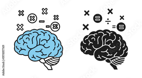 Human brain with math symbols vector illustration, mental calculation and logic concept, blue and black anatomical brain icons for education