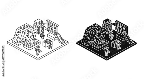 Isometric playground vector set, children playing on climbing wall and slide, black and white line art of kids activity park equipment