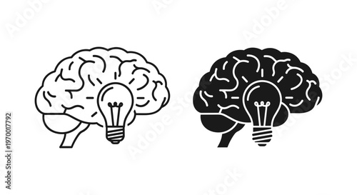 Creative brain and lightbulb icon set, human mind with light bulb vector illustration, mental health and innovation symbols for psychology and education