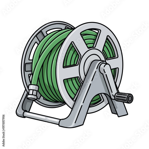 Gray hose reel with green coiled tubing and crank on a white background
