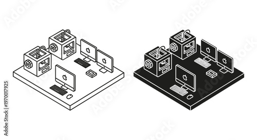 Isometric 3D printer workstation vector icons, additive manufacturing lab with computer monitors, modern rapid prototyping studio equipment set