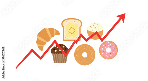A red upward-trending arrow graph overlays five different baked goods on a white background.