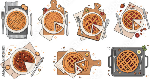 PrintHand drawn pie desserts set top view vector illustration featuring various baked pastries slices on plates with rustic kitchen elements