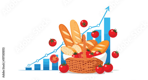 A brown woven basket filled with bread and tomatoes sits before a rising blue bar graph on a white background.