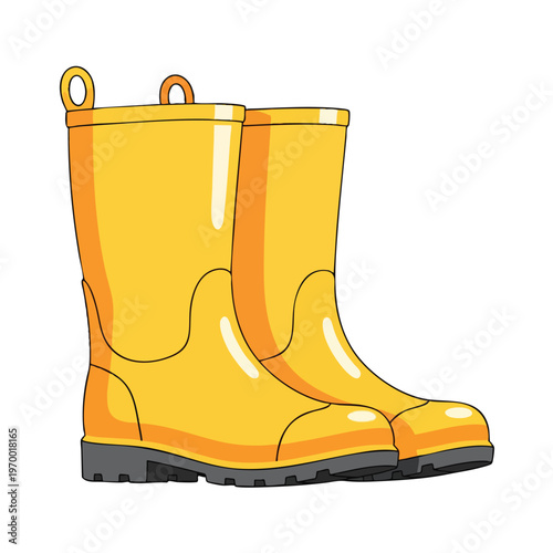 A pair of bright yellow rain boots with gray soles and pull tabs