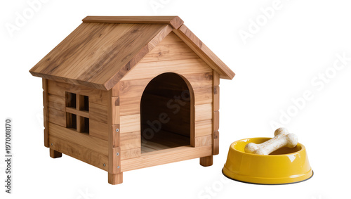 Rustic wooden doghouse with pitched roof featuring window, beside yellow bowl with bone toys
