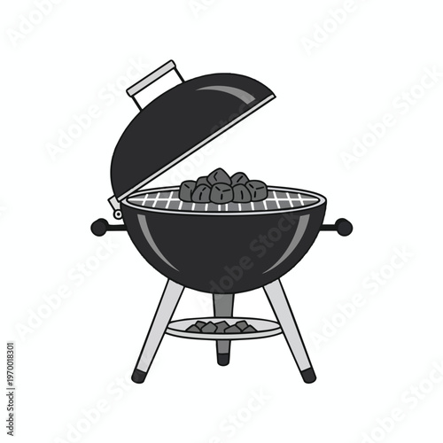 A black, round, charcoal grill with an open lid and cooking grate