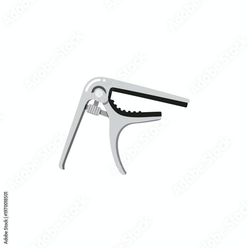 A detailed, flat design illustration of a silver capo with black rubber padding and a spring mechanism