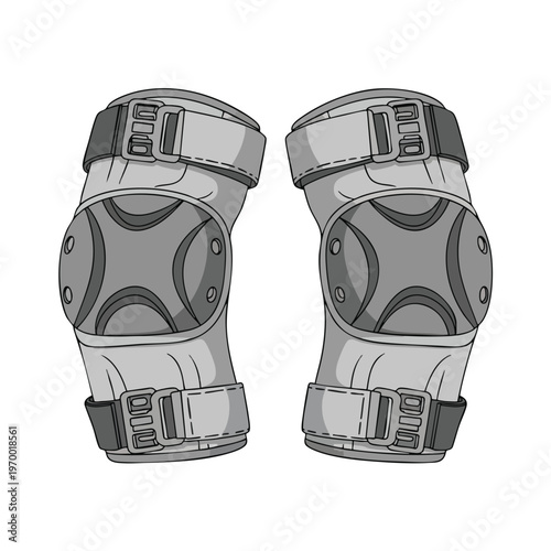 Pair of grey padded protective knee guards with black straps and buckles