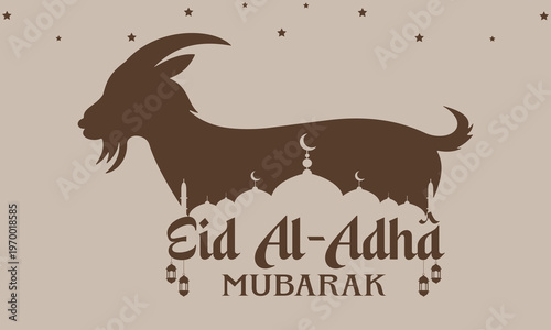 Minimalist eid al adha mubarak template with brown goat silhouette and mosque architecture for religious celebration and holy sacrifice holiday poster design vector illustration concept for banner.