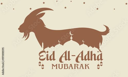 Eid al adha mubarak greeting card with goat silhouette and mosque dome background in brown monochrome style for islamic celebration and holy sacrifice festival vector illustration design for posters.