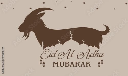 Elegant eid al adha mubarak greeting card with calligraphy text and goat silhouette above mosque architecture in brown monochrome style for islamic holiday celebration vector illustration layout.