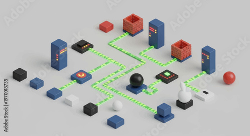 A 3D rendering of a strategy board game with various colored pieces and paths.