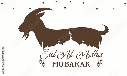 Eid al adha mubarak banner with goat silhouette mosques and lanterns for islamic holiday celebration greeting card vector illustration design.