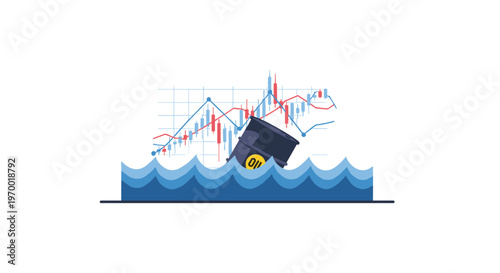 A black oil barrel floats in blue waves in front of a complex financial candlestick chart on a white background.