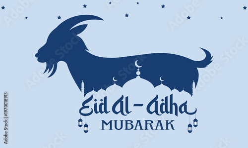 Eid al adha mubarak banner with goat silhouette mosques and lanterns for islamic holiday celebration greeting card vector illustration design.