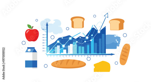 A blue bar chart with an upward line graph is surrounded by an apple, milk, bread, and cheese on a white background.