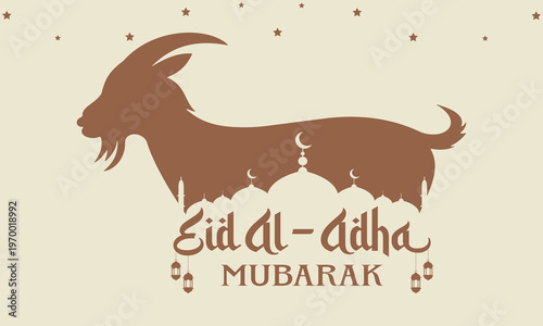 Eid al adha mubarak greeting card with goat silhouette and mosque minaret vector background for islamic festival celebration banner design element with decorative stars and hanging lanterns layout.