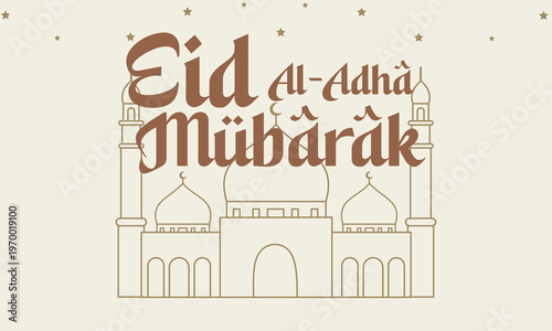 Eid al adha mubarak bold typography with line art mosque and stars vector background for islamic festival celebration banner design featuring stylized lettering and decorative architectural elements.