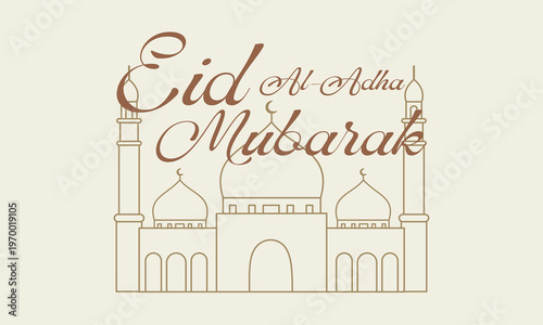 Eid al adha mubarak calligraphy with line art mosque illustration vector background for islamic festival greeting card design featuring elegant cursive lettering and thin stroke architectural icon.