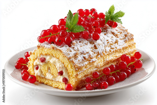 Cake roll with cream and red currants on a plate