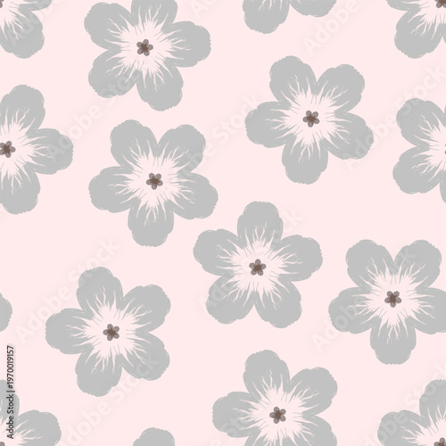 Trendy elegant seamless floral pattern featuring soft gray flowers with textured petals against a isolated delicate pink background. Perfect for textiles, wallpaper, and spring-themed designs