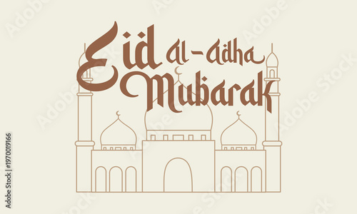 Eid al adha mubarak decorative calligraphy with mosque line art background vector for islamic celebration greeting card design featuring artistic lettering and traditional architectural silhouette.