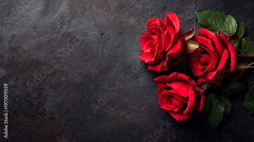Vibrant red roses bloom against a dark, textured slate background, symbolizing passion, love, and timeless elegance in a dramatic composition.
