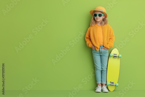Girl stands with skateboard against green wall wearing bright clothes