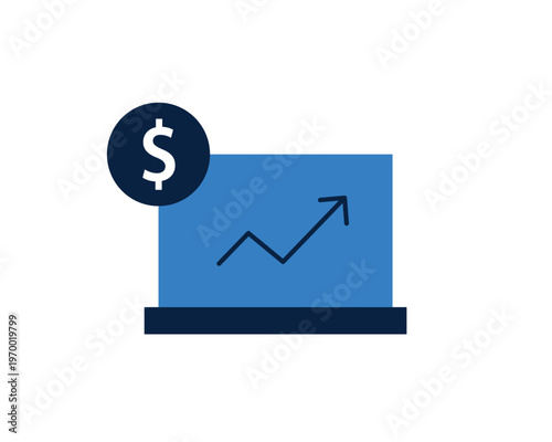 Laptop with rising growth chart and dollar sign for online trading and financial success.