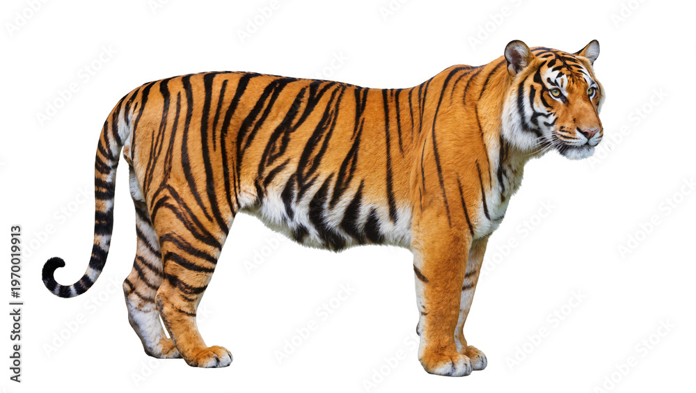 Obraz premium Orange striped tiger standing, displaying powerful muscles and focused gaze