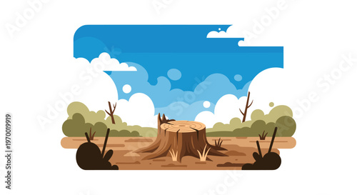 A brown tree stump with visible growth rings sits on dry earth under a blue sky with white clouds.