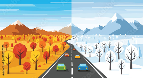 A long winding road divides a landscape into vibrant autumn and snowy winter scenes with small cars driving.