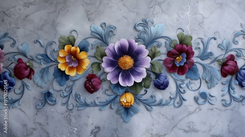 Floral pattern with colorful flowers and leaves against a textured background