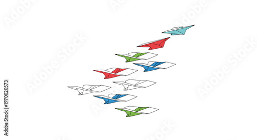 A group of ten paper airplanes, some colored, fly in an upward-curving formation against a plain white background.