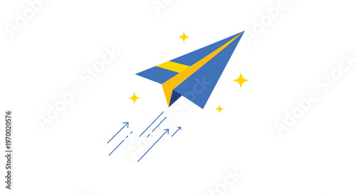 A single stylized blue and yellow paper airplane soars dynamically upwards with motion lines and sparkles.
