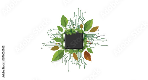 A black microchip with green circuit lines is surrounded by green and brown leaves on a white background.