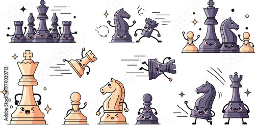 PrintCute chess pieces cartoon set king queen knight rook pawn strategy game characters vector illustration collection