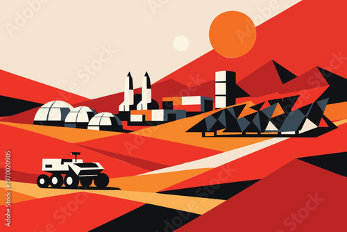 Flat geometric vector of a Mars colony with habitat domes solar panels and research rover on a red desert landscape under two suns.